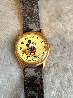 Vintage Mickey Mouse Gold Tone Watch with Leather Strap